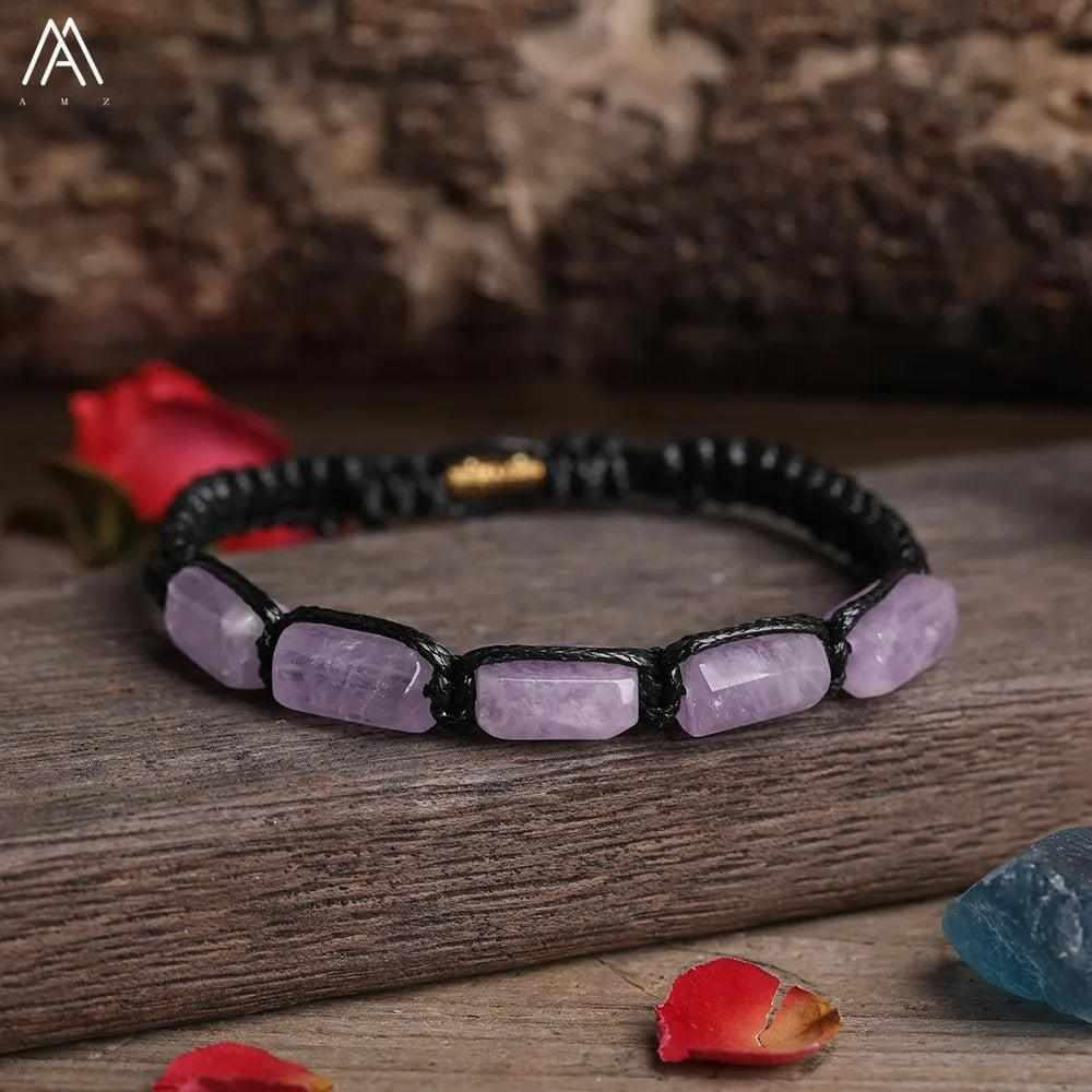 Amethyst barrel beaded adjustable bracelet with smooth purple gemstone beads on a black cord for calming energy.