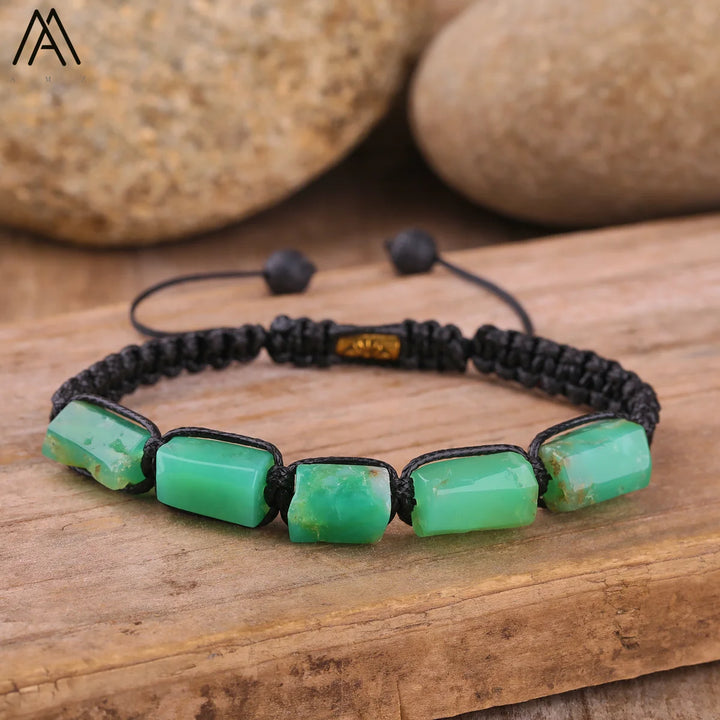 Chrysoprase Barrel Beaded Adjustable Bracelet featuring smooth, vibrant green natural stone beads on a black cord.