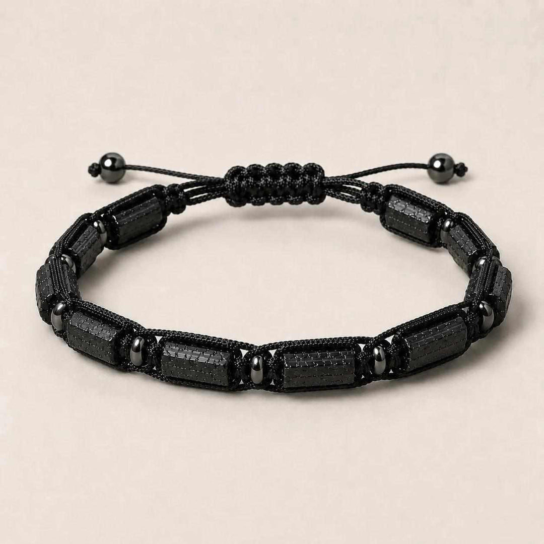 Black Tourmaline Barrel Beaded Adjustable Bracelet for protection, featuring sleek, textured natural stone cylinders.