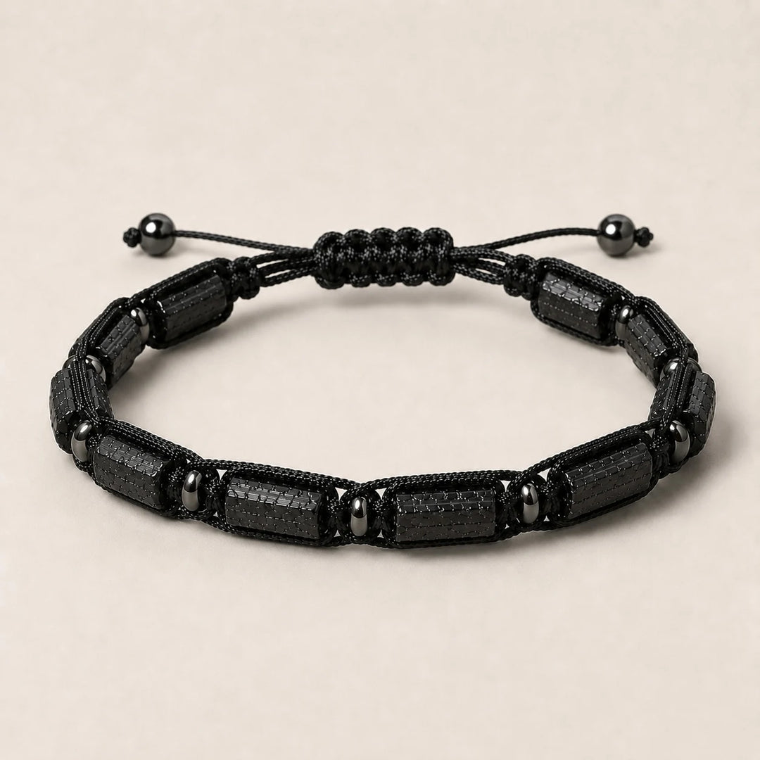 Black Tourmaline Barrel Beaded Adjustable Bracelet for protection, featuring sleek, textured natural stone cylinders.