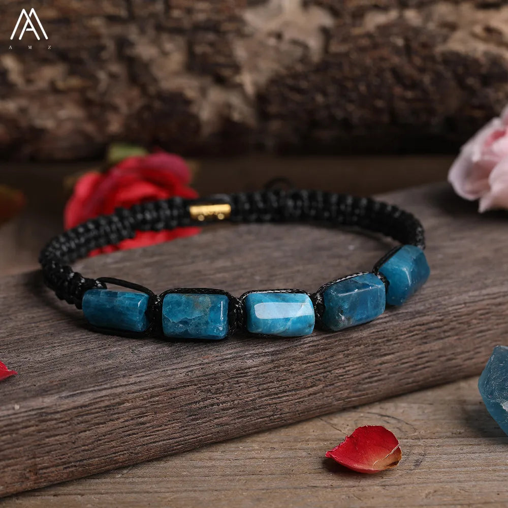 Blue Apatite barrel beaded adjustable bracelet with smooth, vibrant stones for intuition and clarity on a black cord.