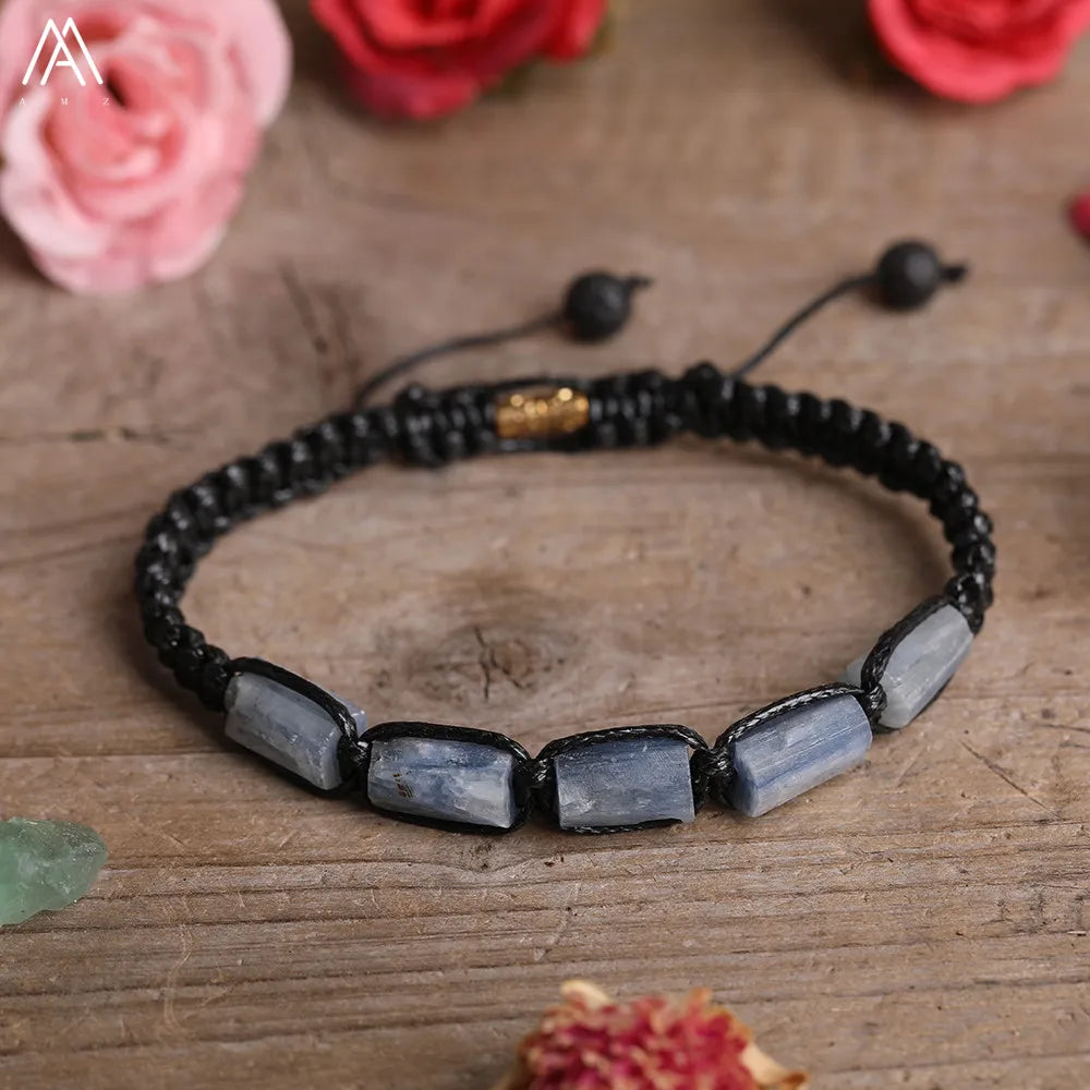Blue Kyanite Barrel Beaded Adjustable Bracelet featuring smooth, calming crystal stones on a durable black lace-up cord.