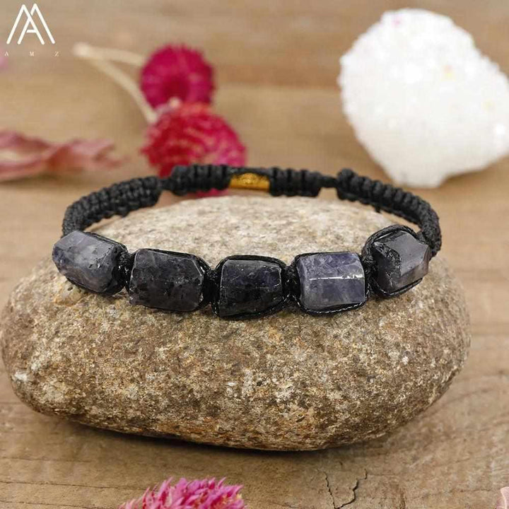 Iolite Barrel Beaded Adjustable Bracelet with raw, grounding gemstone beads on a durable black lace-up cord.
