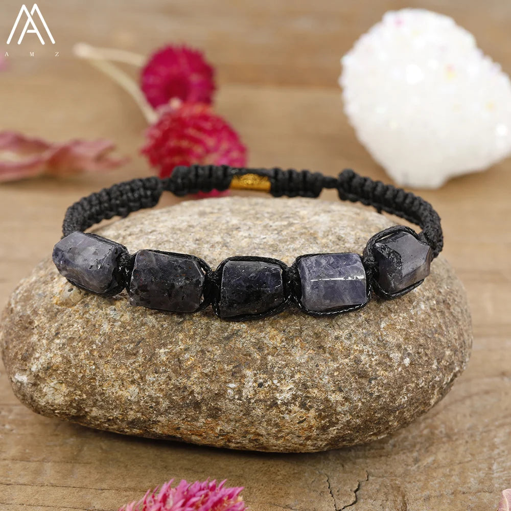 Iolite Barrel Beaded Adjustable Bracelet with raw, grounding gemstone beads on a durable black lace-up cord.
