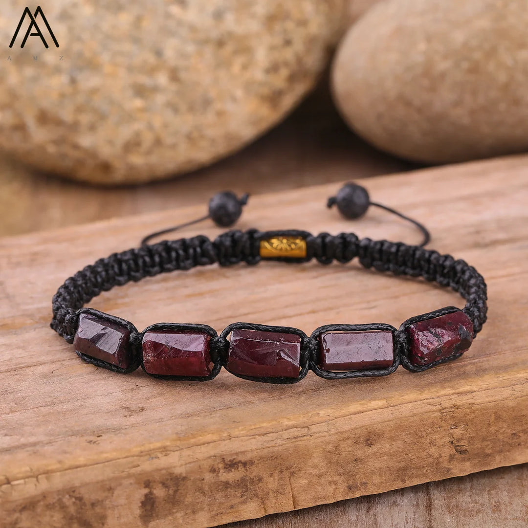 Deep red Garnet Barrel Beaded Adjustable Bracelet featuring raw, grounding gemstone beads on a durable black cord.