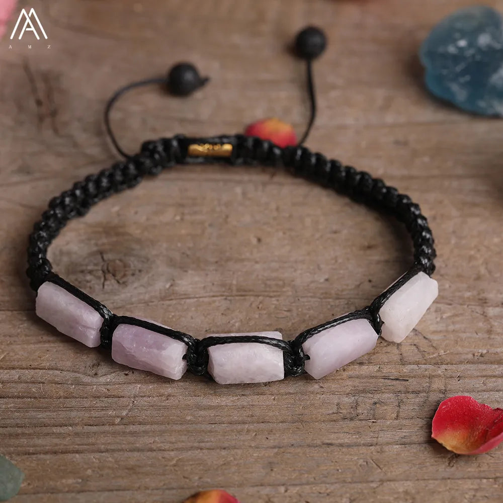Rose Quartz Barrel Beaded Adjustable Bracelet featuring smooth, soft pink natural stone beads on a durable black cord.