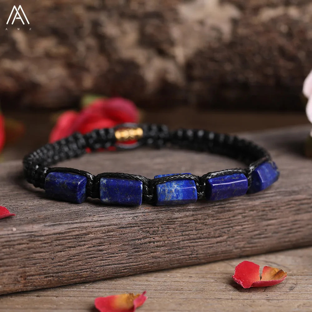 Lapis Lazuli Barrel Beaded Adjustable Bracelet featuring deep blue natural stone beads on a durable black cord.