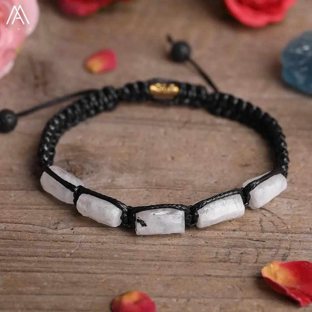 Moonstone Barrel Beaded Adjustable Bracelet with smooth white crystal stones on a durable black braided cord.