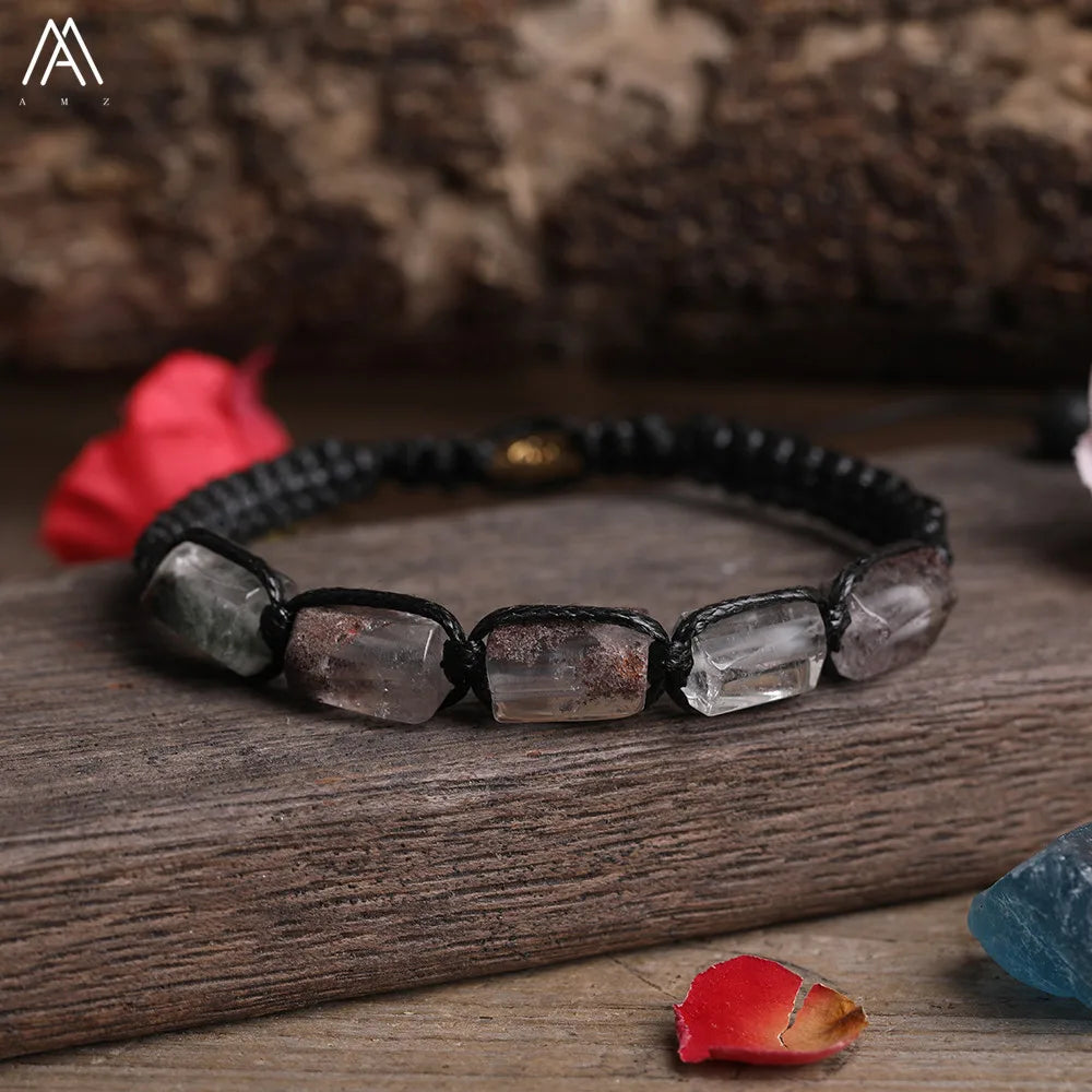 Garden Quartz barrel beaded adjustable bracelet with raw, grounding natural stone beads on a durable black lace-up cord.