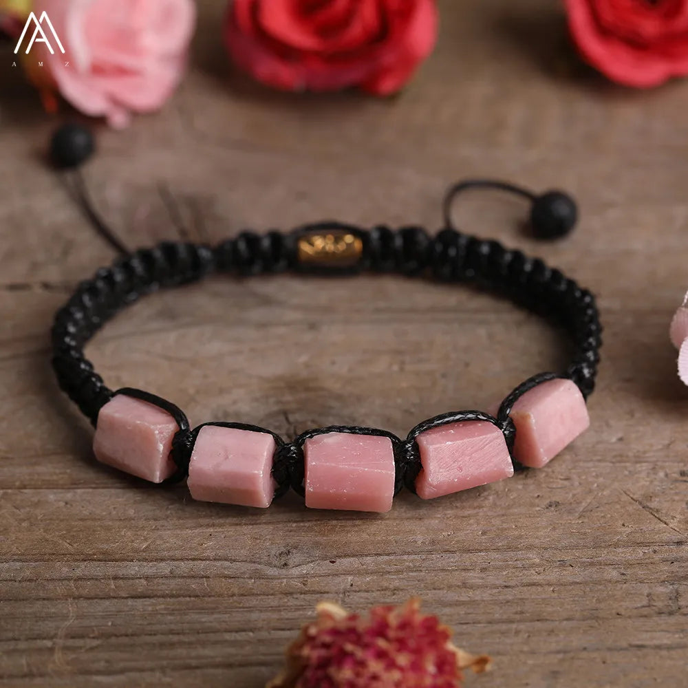 Rose Quartz Barrel Beaded Adjustable Bracelet with smooth pink gemstone beads on a durable black lace-up cord.