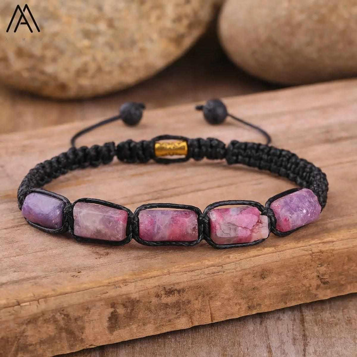 Pink Tourmaline barrel beaded adjustable bracelet with black cord, offering heart-centered energy and natural style.