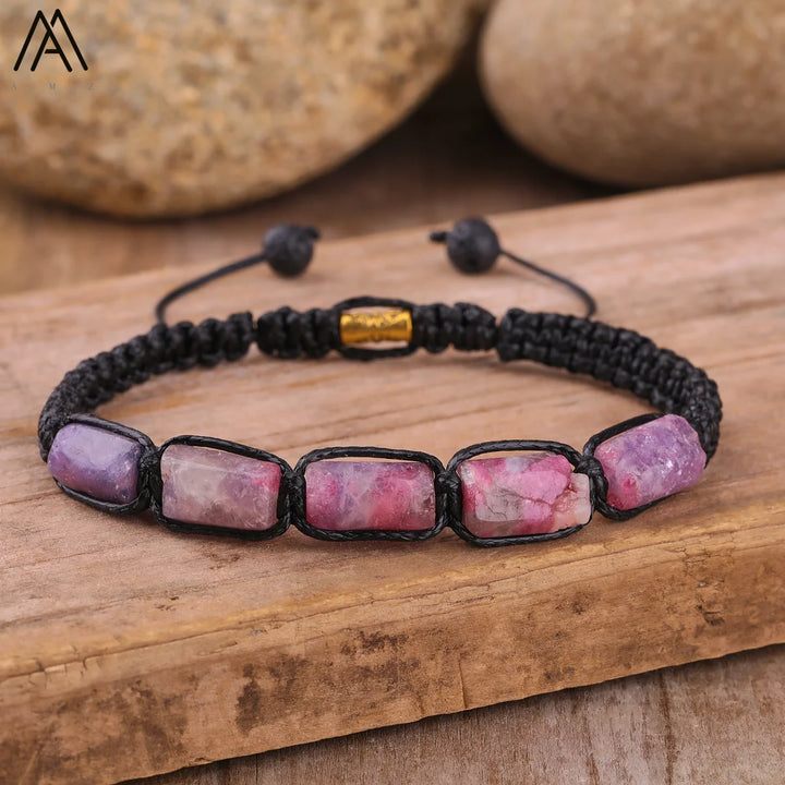 Pink Tourmaline barrel beaded adjustable bracelet with black cord, offering heart-centered energy and natural style.