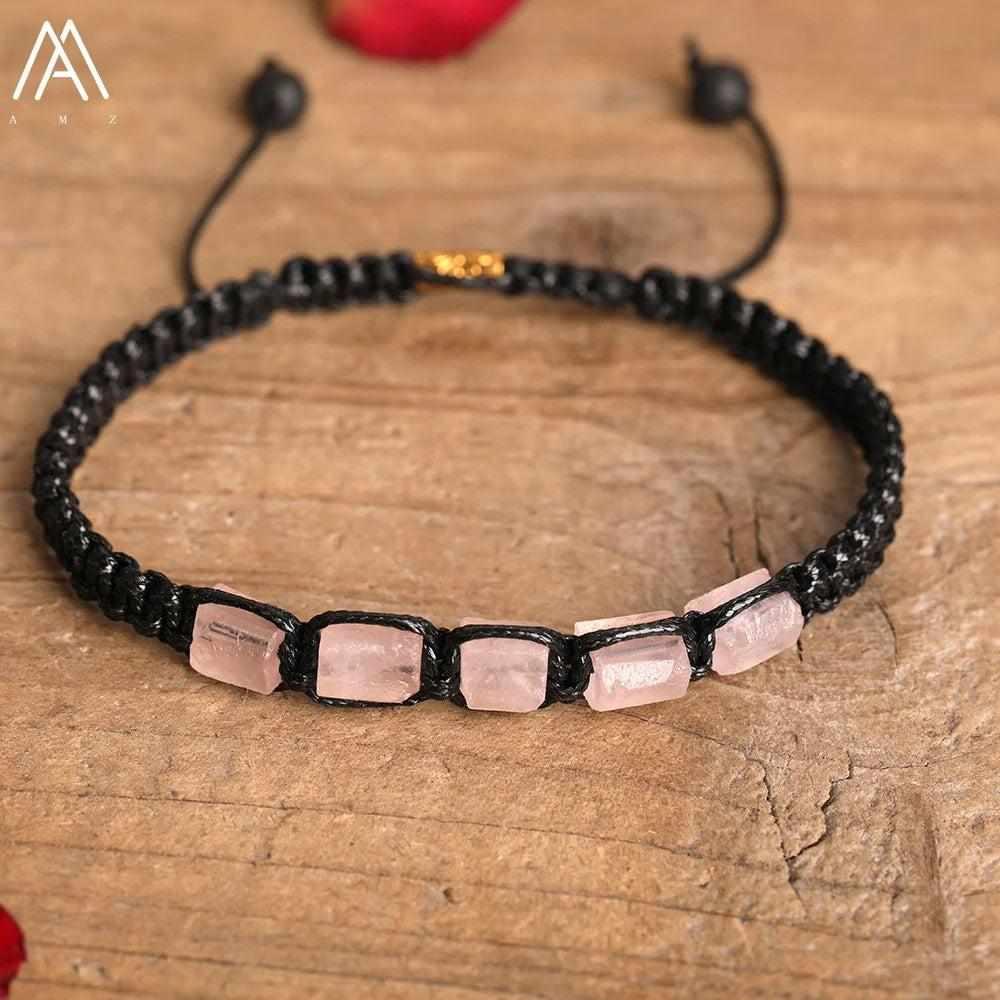 Rose Quartz Barrel Beaded Adjustable Bracelet with soft pink stones on a black braided cord for heart-centered healing.