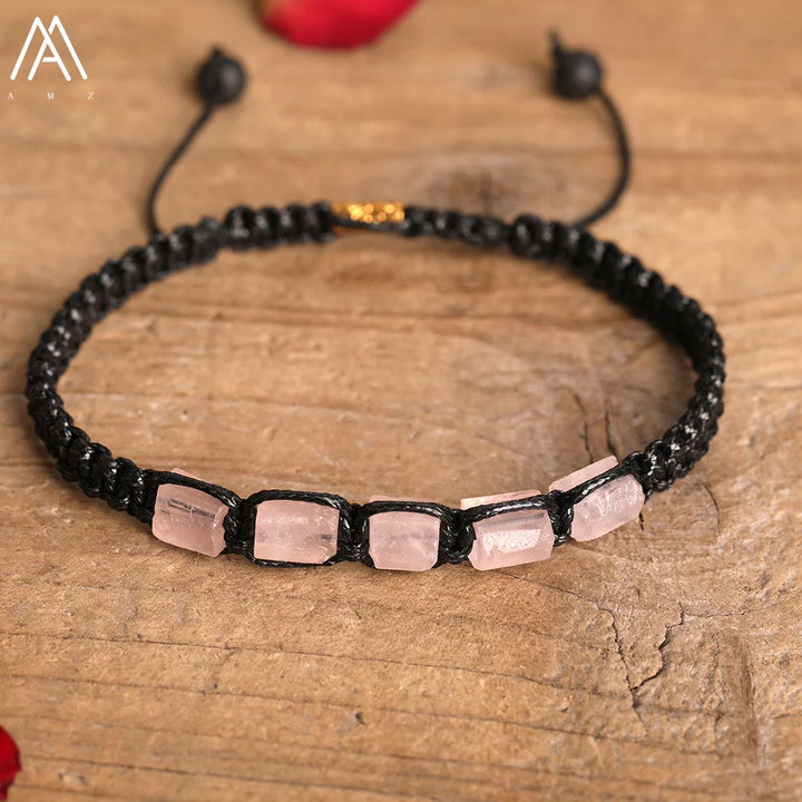 Rose Quartz Barrel Beaded Adjustable Bracelet with soft pink stones on a black braided cord for heart-centered healing.
