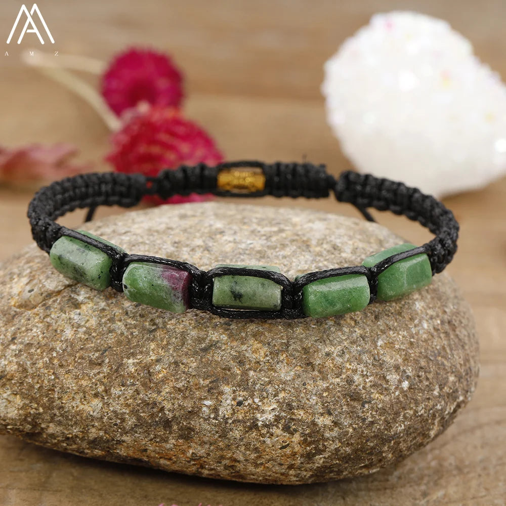 Ruby Zoisite barrel beaded adjustable bracelet with smooth green and red gemstone beads on a durable black cord.