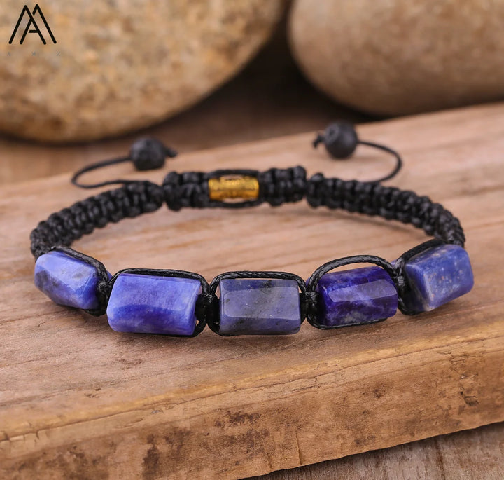 Lapis Lazuli Barrel Beaded Adjustable Bracelet with smooth blue gemstone beads on a durable black lace-up cord.