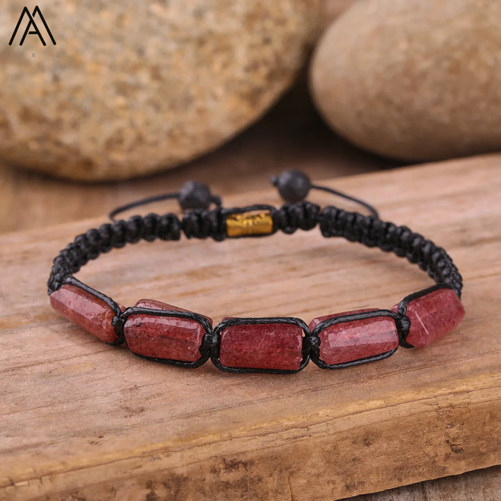 Strawberry Quartz Barrel Beaded Adjustable Bracelet with smooth red gemstone beads and a durable black lace-up closure.