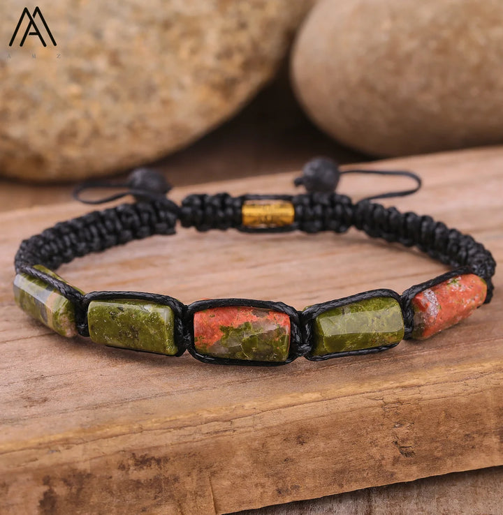 Unakite Barrel Beaded Adjustable Bracelet featuring green and red natural stone beads on a durable black lace-up cord.
