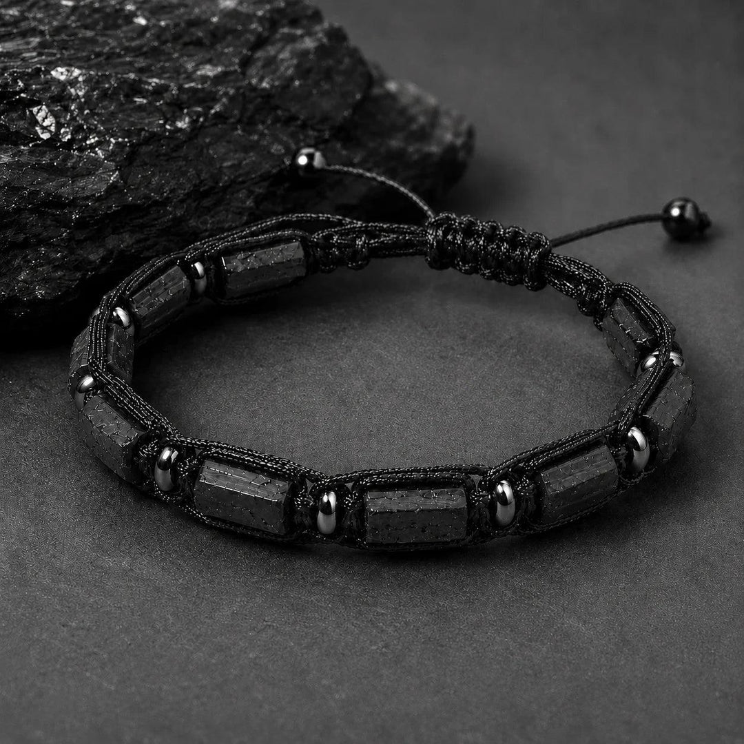 Black Tourmaline Barrel Beaded Adjustable Bracelet featuring grounding, protective natural stone beads on a cord.