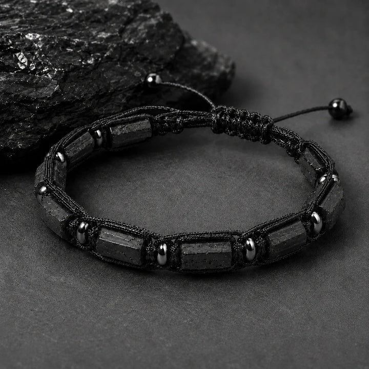 Black Tourmaline Barrel Beaded Adjustable Bracelet featuring grounding, protective natural stone beads on a cord.