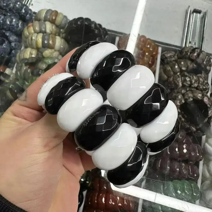 Big Cuff Bangle Crystal Bead Bracelets-Bracelets-Ali-Black White Agate-19cm-Crystal Destiny