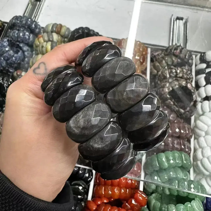 Big Cuff Bangle Crystal Bead Bracelets-Bracelets-Ali-Silver Obsidian-19cm-Crystal Destiny