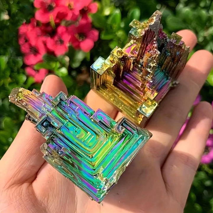 Two iridescent Bismuth Metal Freeform Castles with unique stair-step formations, showcasing vibrant rainbow colors.