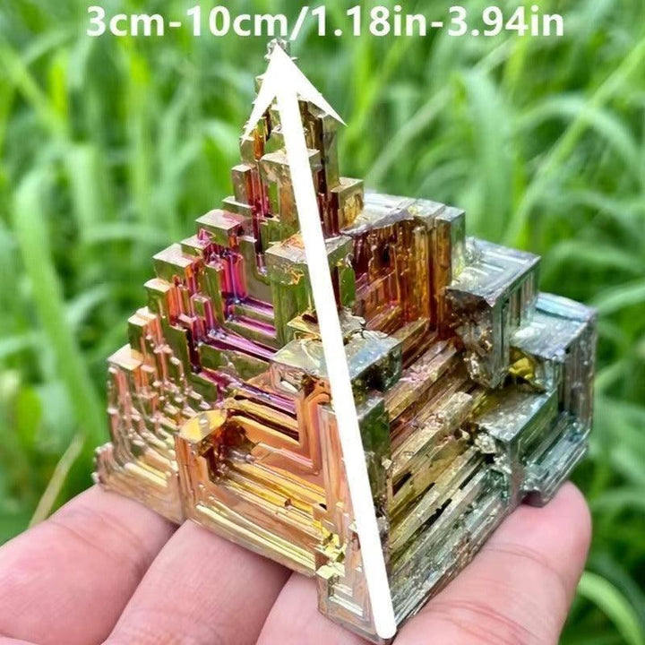 Iridescent Bismuth Metal Freeform Castle, showcasing unique stair-step formations and vibrant rainbow colors.