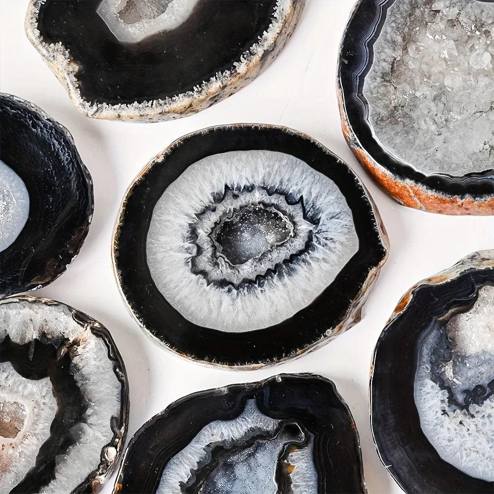 Polished Black Agate Crystal Thick Geode Slices with raw edges for grounding and protection.