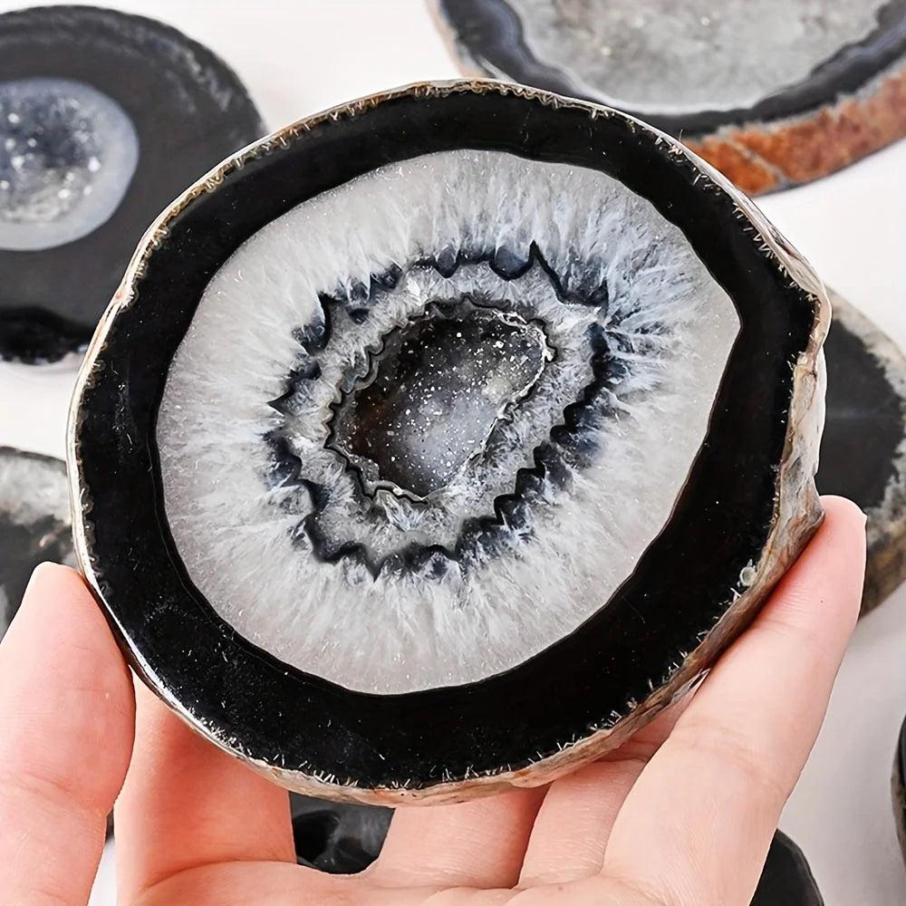 Polished Black Agate Crystal Thick Geode Slice with sparkling quartz center for grounding and protection.