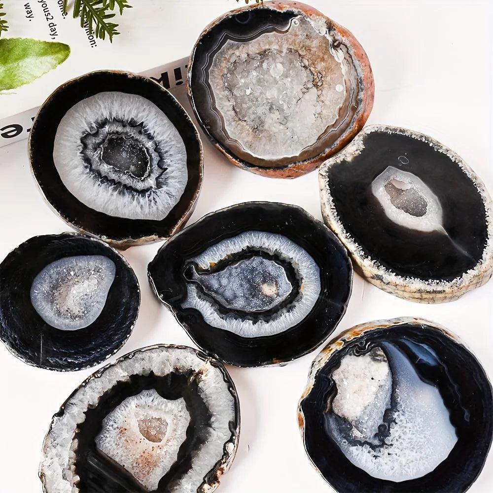 Polished Black Agate Crystal Thick Geode Slices with raw edges for grounding and protection.