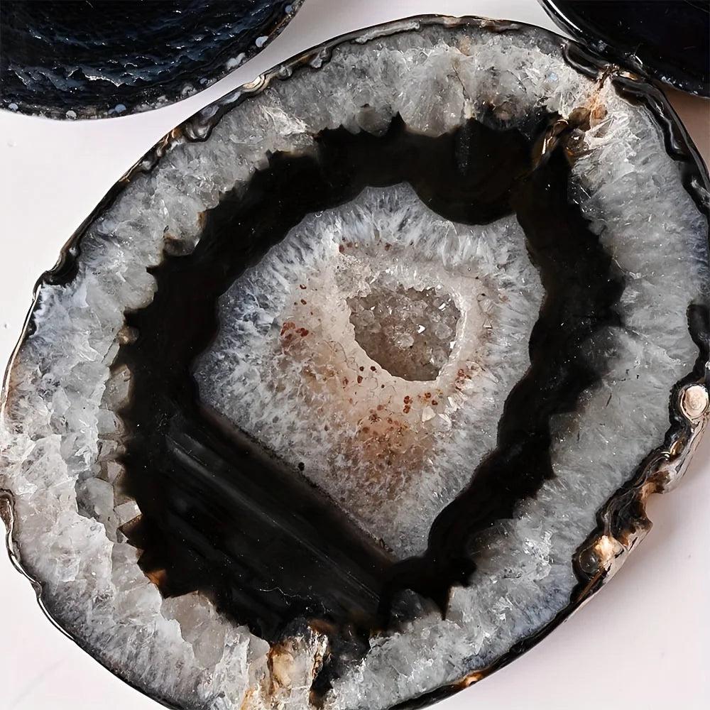 Polished Black Agate Crystal Thick Geode Slice with a protective, grounding raw crystal center.