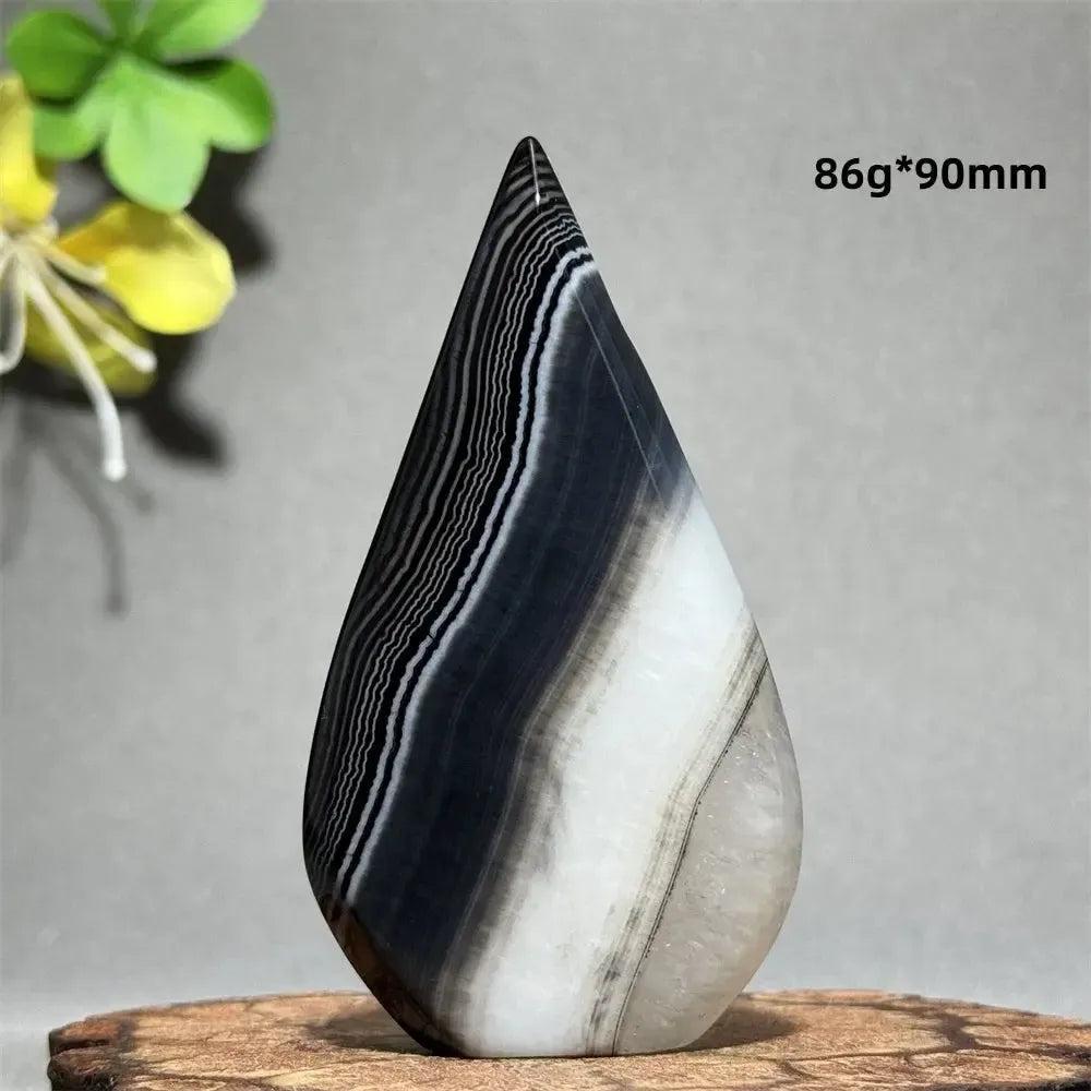 Polished Black Agate Freeform Torch, 86g, 90mm, with striking white and gray banding, for grounding and protection.