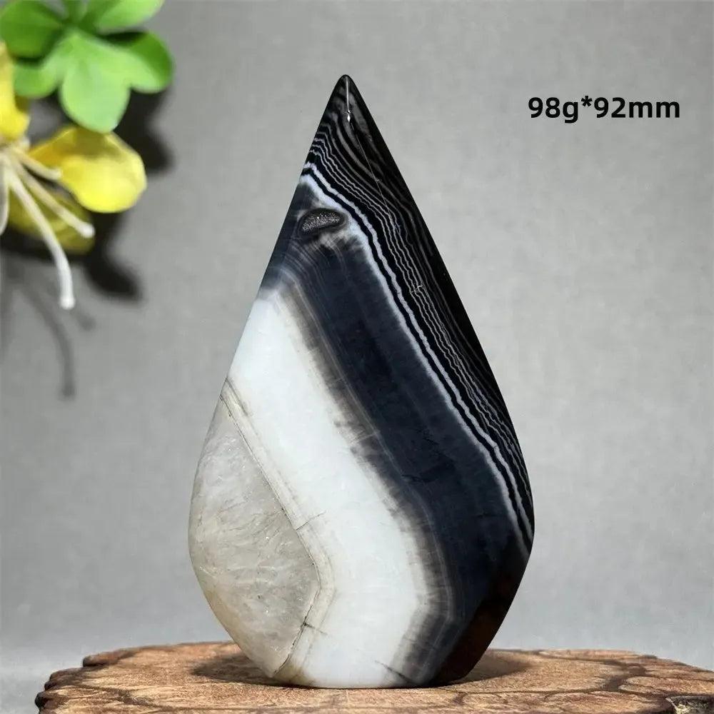 Black Agate Freeform Torch: Polished black, white, and gray banded agate flame, 98g, 92mm, for grounding and protection.