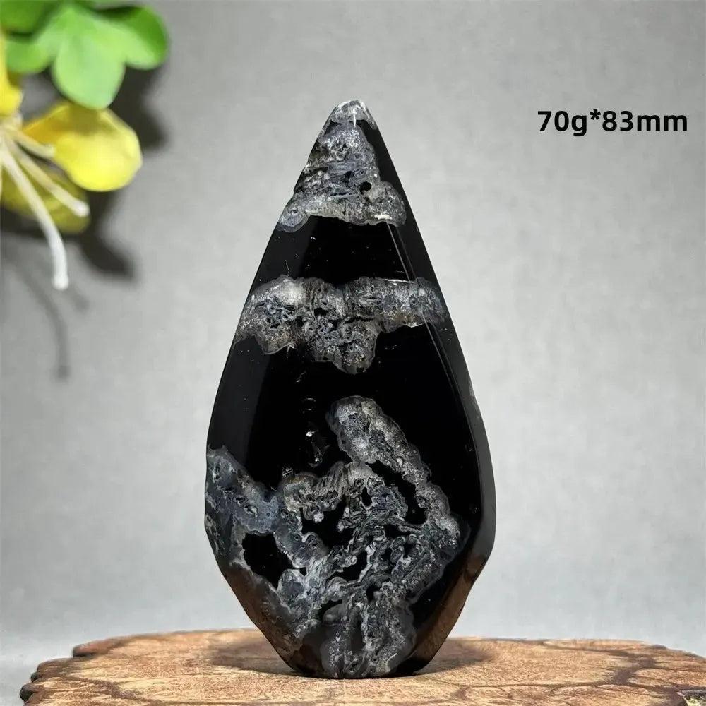 Polished Black Agate Freeform Torch with striking white and gray banding, 70g*83mm, for grounding and protection.