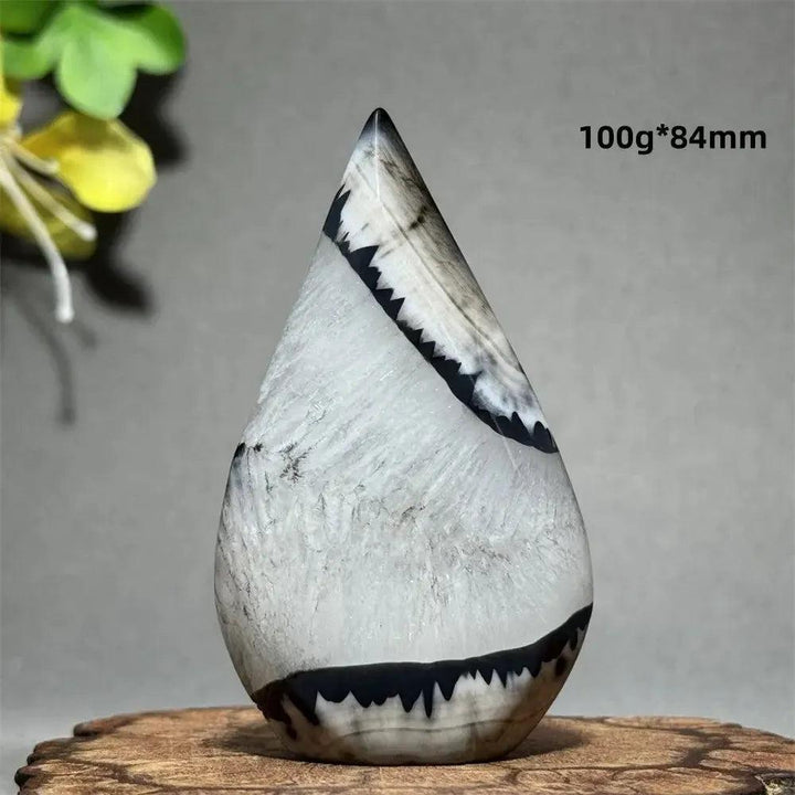 Polished Black Agate Freeform Torch with deep black, white, and gray banding, promoting grounding and protection.