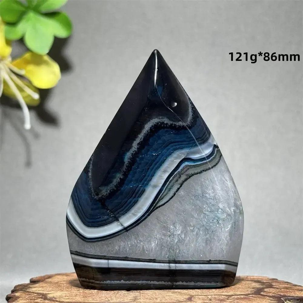 Black Agate Freeform Torch: Polished black, white, and blue banded agate flame, 121g, 86mm, for grounding and protection.