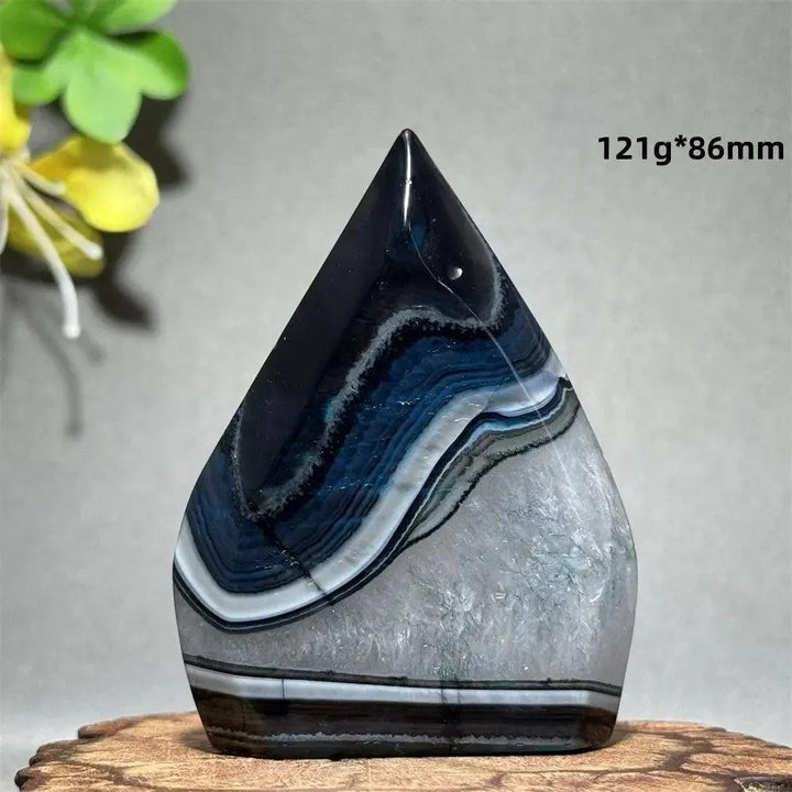 Black Agate Freeform Torch: Polished black, white, and blue banded agate flame, 121g, 86mm, for grounding and protection.