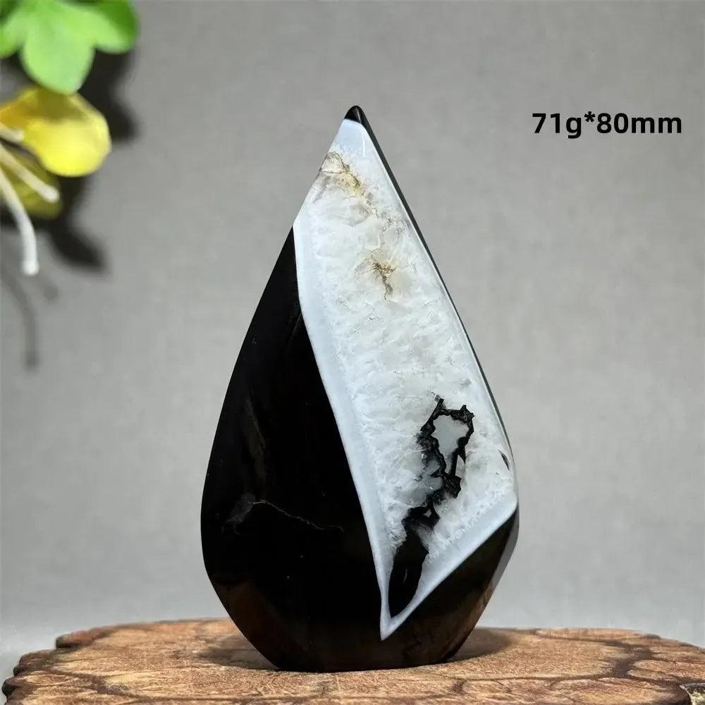 Polished Black Agate Freeform Torch, 71g*80mm, with striking white and gray banding for grounding and protection.