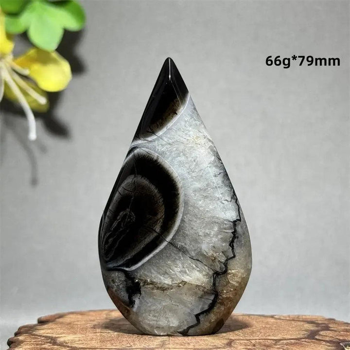 Polished Black Agate Freeform Torch, 66g*79mm, with striking white and gray banding, promoting grounding and protection.