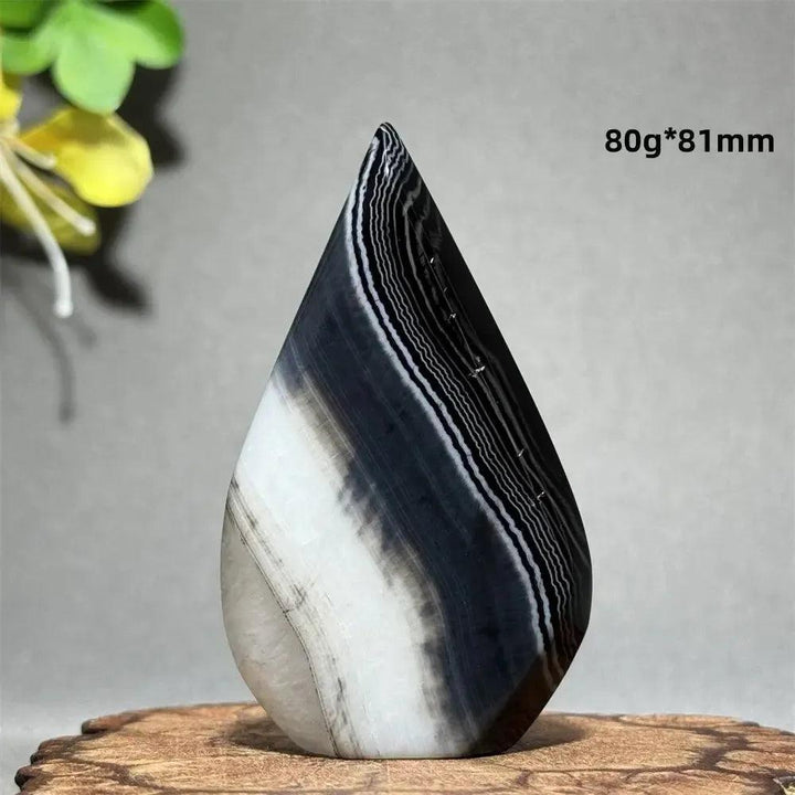 Black Agate Freeform Torch: Polished black, white, and gray banded agate flame, 80g*81mm, for grounding & protection.