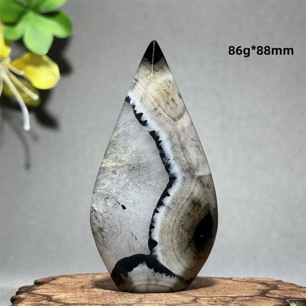 Black Agate Freeform Torch: Polished black, white, and gray agate flame, 86g, 88mm, for grounding and protection.