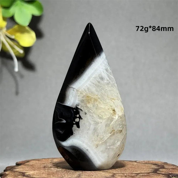 Polished Black Agate Freeform Torch, 72g*84mm, with striking white and gray banding for grounding and protection.