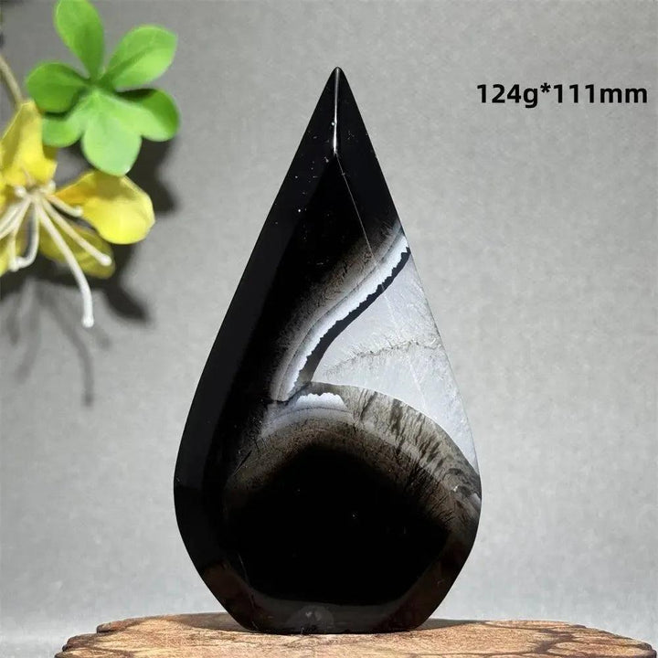 Polished Black Agate Freeform Torch, 111mm, with striking white and gray banding, promoting grounding and protection.