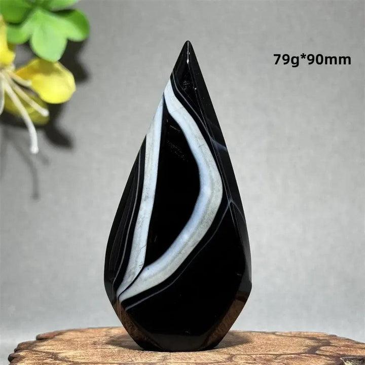 Black Agate Freeform Torch: Polished black agate with striking white and gray bands, flame silhouette, 79g*90mm.