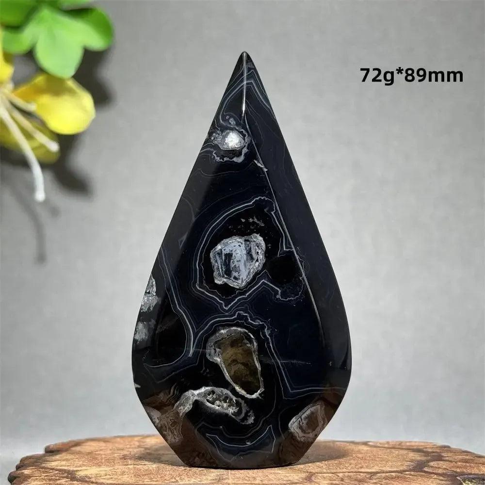 Black Agate Freeform Torch: Polished black agate flame with white/gray banding, 72g*89mm, for grounding and protection.