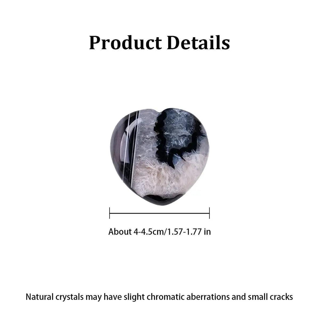 Crystal Destiny's black agate heart, 4-4.5cm, with polished surfaces and sparkling druzy crystals.