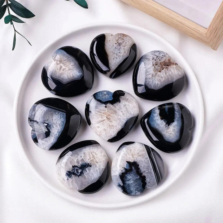 Crystal Destiny Black Agate Heart palmstones with sparkling druzy, polished smooth, for grounding and protection.