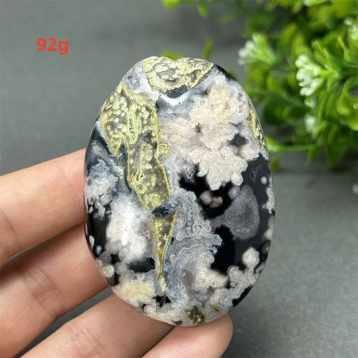 92g Black Cherry Blossom Agate palm stone with charcoal, blush, and cream floral dendrites for grounding Root Chakra work.