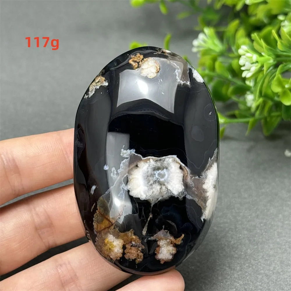117g Black Cherry Blossom Agate palm stone with charcoal base and cream floral dendrites for Root Chakra grounding.